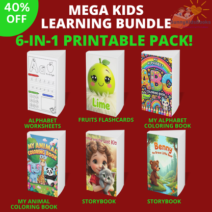 Mega Kids Learning Bundle: 2 Storybooks + Animal & Alphabet Coloring Books, Worksheets & Fruits Flashcards  Ages 3-8